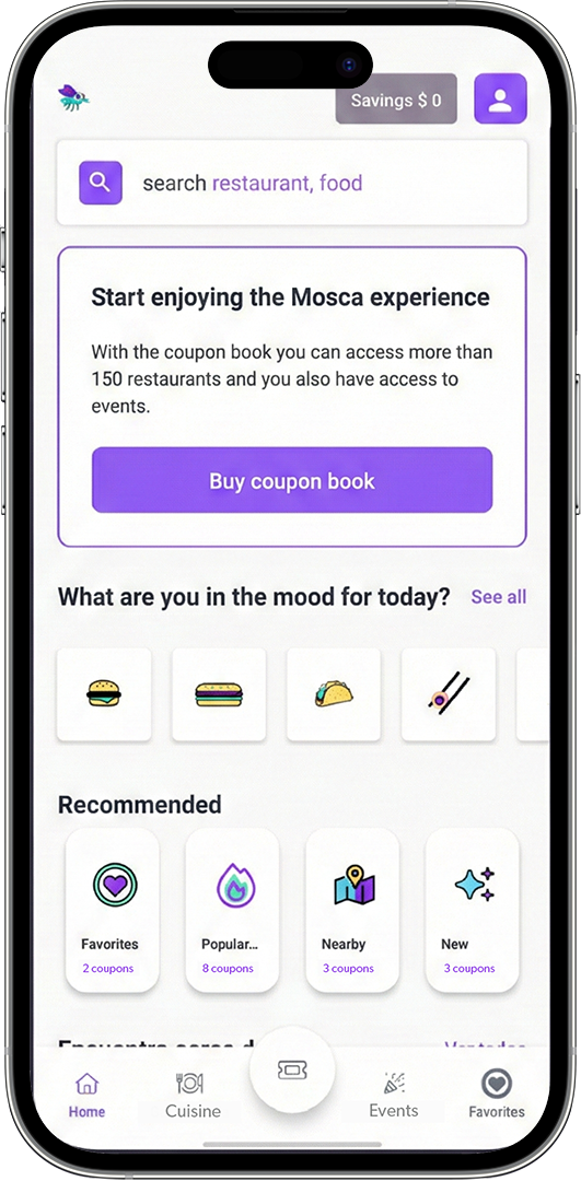 Mosca app home screen